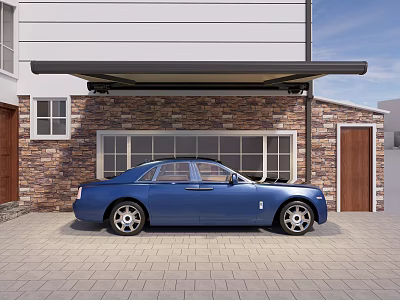 Blue Luxury Car Parked In Front Of Stone Wall Building With Windows And Wooden Door 3d model