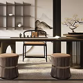 Modern Tea Room Interior With Long Table Round Stools Shelf Mountain Artwork And Decorative Plants