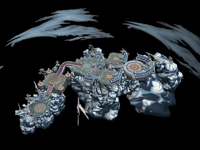 Traditional Ancient Architecture Design With Ornate Roof And Stone Courtyard 3d model