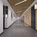 Elegant Hotel Corridor with Wooden Slat Ceiling Circular Artwork Wall Lamps and Gray Floors