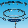 Circular Stage with Multilayer Lighting Rigs Central Blue Logo and Person 3d model