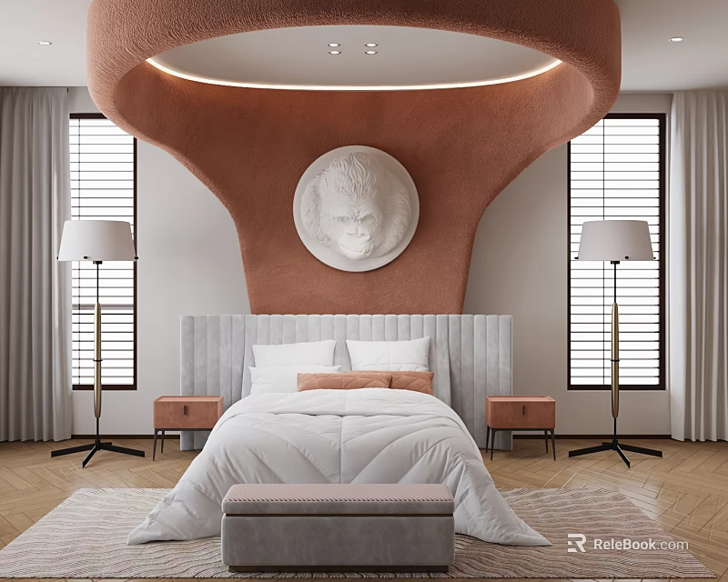 Modern Double Bed with Arched Orange Backdrop Circular Relief Sculpture Pink Nightstands and Floor Lamps 3d model 