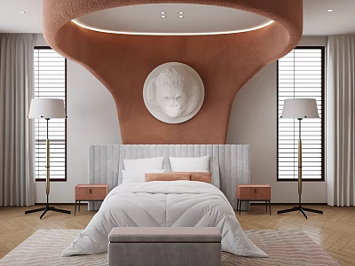 Modern Double Bed with Arched Orange Backdrop Circular Relief Sculpture Pink Nightstands and Floor Lamps 3d model