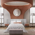 Modern Double Bed with Arched Orange Backdrop Circular Relief Sculpture Pink Nightstands and Floor Lamps