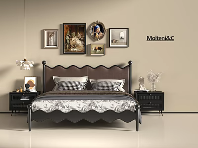 Modern Double Bed Design With Stylish Headboard Framed Artworks And Black Nightstands 3d model