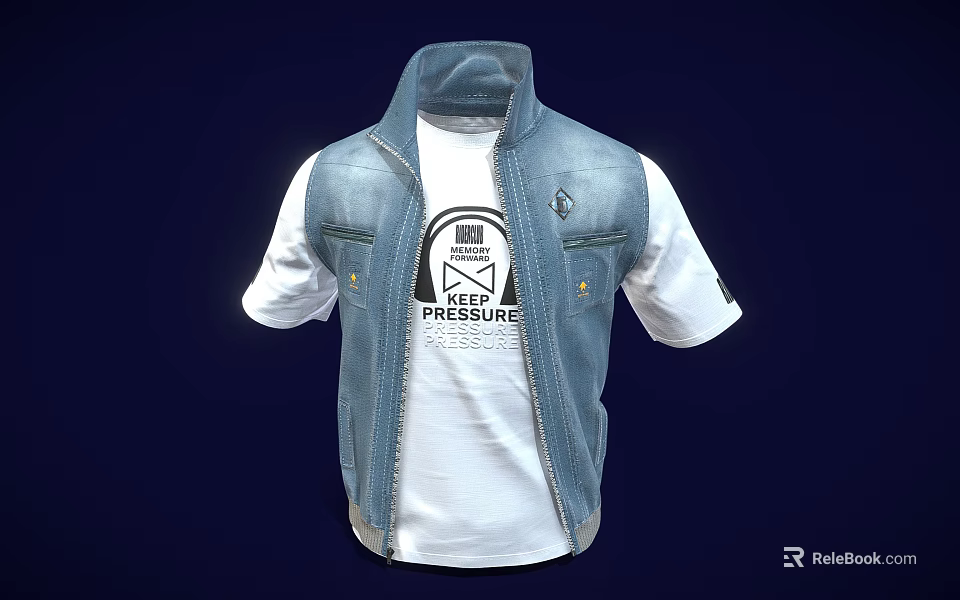 Classic Denim Vest Over White T-Shirt With Front Zipper And Side Pockets Design 3d model 