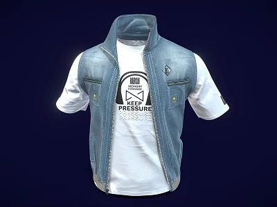 Classic Denim Vest Over White T-Shirt With Front Zipper And Side Pockets Design 3d model