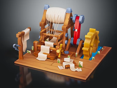 Medieval Wooden Weaving Machine With Scrolls Gears And Water Flow Components 3d model