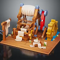 Medieval Wooden Weaving Machine With Scrolls Gears And Water Flow Components 3d model