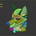 Cartoon Style Yellow And Blue Smiling Wolf Head With Pointed Ears And Red Bell
