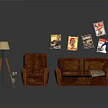 Brown Leather Sofas With Single And Double Seats Floor Lamp And Posters On Gray Wall