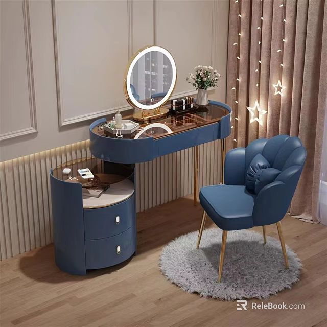 Blue Dressing Table With Gold Legs Round Mirror Decorative Flowers And Matching Chair 3d model 