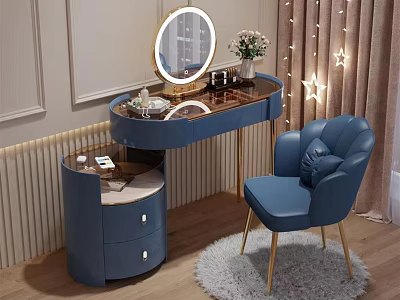 Blue Dressing Table With Gold Legs Round Mirror Decorative Flowers And Matching Chair 3d model