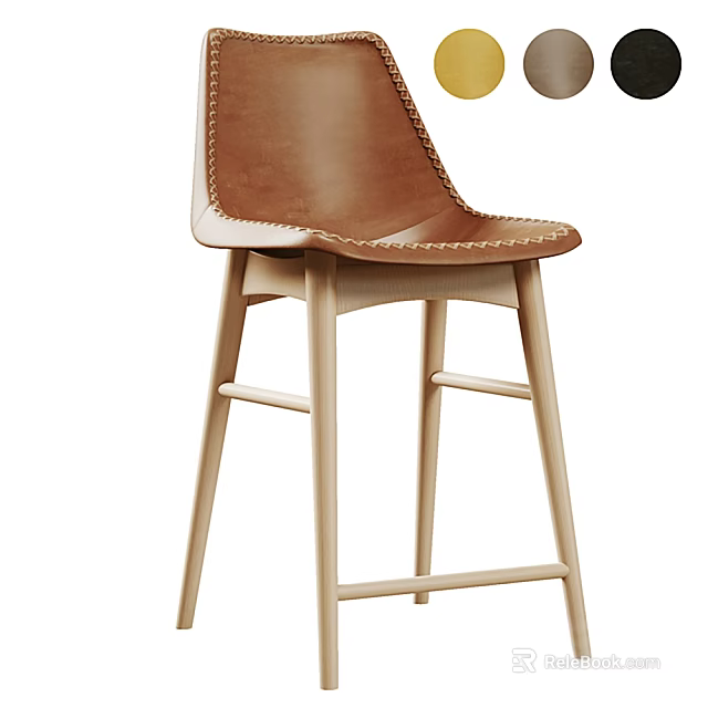Modern Brown Leather Bar Stool With Stitched Seat And Natural Wooden Legs 3d model 