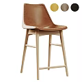 Modern Brown Leather Bar Stool With Stitched Seat And Natural Wooden Legs