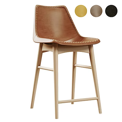 Modern Brown Leather Bar Stool With Stitched Seat And Natural Wooden Legs 3d model
