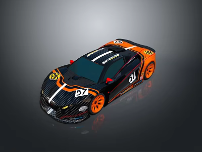 Black And Orange Striped Racing Car With Number 57 Aerodynamic Design 3d model