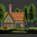 Cartoon Scene With Small House Red Roof Chimney Green Trees Red Flowers Glasshouse And Pink Boat