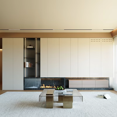 Elegant Modern TV Wall Unit With Fireplace Marble Countertop And Storage Cabinets 3d model