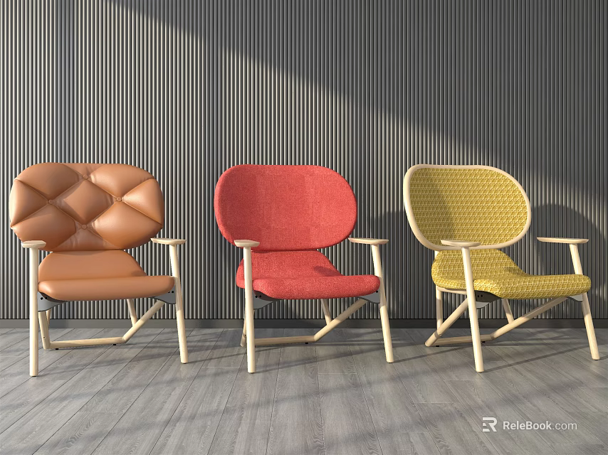 Three Orange Red Yellow Leather Fabric Accent Chairs With Wooden Legs Against Dark Striped Wall 3d model 