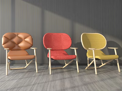 Three Orange Red Yellow Leather Fabric Accent Chairs With Wooden Legs Against Dark Striped Wall 3d model