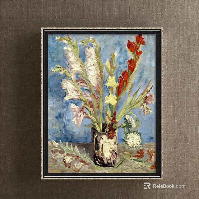 Botanical Painting With Vase Of Red Yellow Pink White Flowers On Blue Background Framed 3d model 