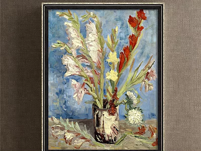 Botanical Painting With Vase Of Red Yellow Pink White Flowers On Blue Background Framed 3d model