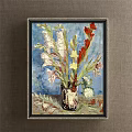 Botanical Painting With Vase Of Red Yellow Pink White Flowers On Blue Background Framed