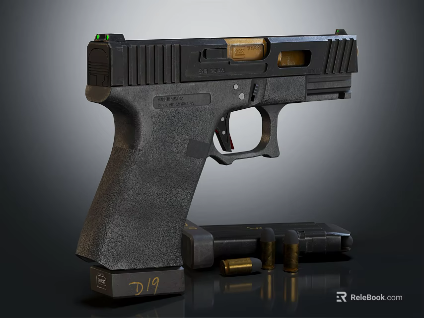Tactical Black Handgun With Textured Grip Magazine And Bullets Display Setup 3d model 