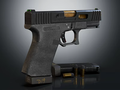 Tactical Black Handgun With Textured Grip Magazine And Bullets Display Setup 3d model