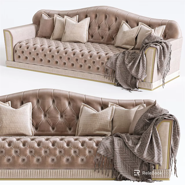 Elegant Sectional Sofa With Tufted Design Beige Color Pillows And Throw Blanket 3d model 