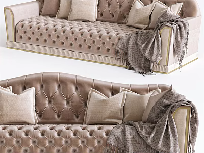 Elegant Sectional Sofa With Tufted Design Beige Color Pillows And Throw Blanket 3d model