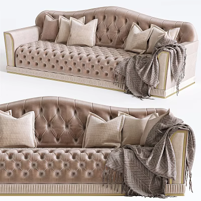 Elegant Sectional Sofa With Tufted Design Beige Color Pillows And Throw Blanket 3d model