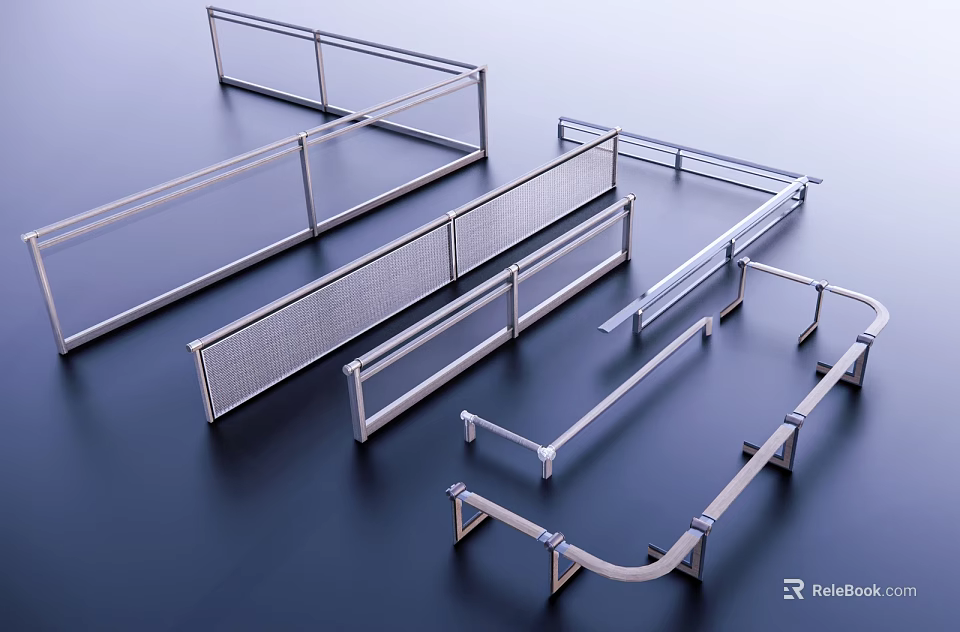Stainless Steel Railings In Different Styles With Straight Curved Shapes And Grid Panels 3d model 