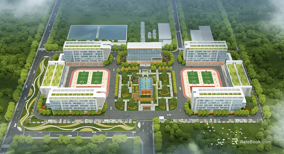 Aerial View Campus Planning With Multiple Buildings Sports Fields Central Garden Green Spaces And Roads 3d model 