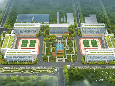 Aerial View Campus Planning With Multiple Buildings Sports Fields Central Garden Green Spaces And Roads 3d model