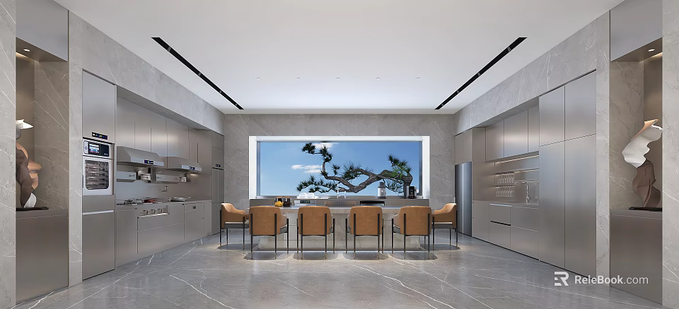 Modern Kitchen Interior Design With Large Window Pine Tree View Dining Table And Grey Cabinets 3d model 