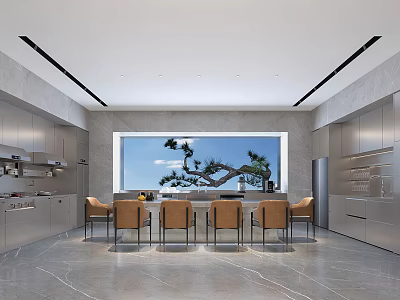 Modern Kitchen Interior Design With Large Window Pine Tree View Dining Table And Grey Cabinets 3d model