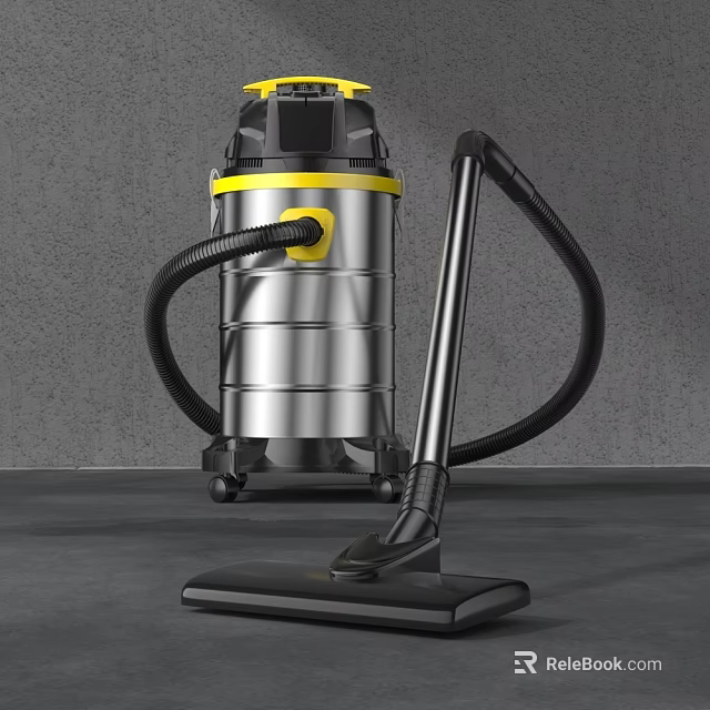 Silver Cylindrical Vacuum Cleaner With Black Hose Yellow Accents And Floor Nozzle 3d model 