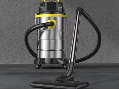 Silver Cylindrical Vacuum Cleaner With Black Hose Yellow Accents And Floor Nozzle 3d model