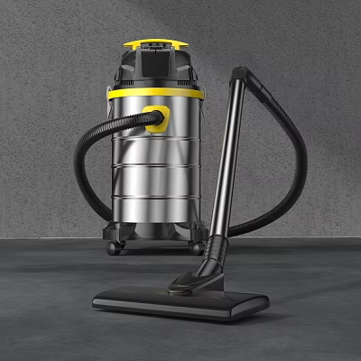 Silver Cylindrical Vacuum Cleaner With Black Hose Yellow Accents And Floor Nozzle 3d model