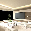 Modern Open Living Dining Room Interior With Wooden Table Chairs Pendant Lights TV And Cabinets