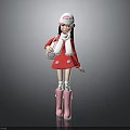 Children's Doll Wearing Red Coat White Hat Scarf And Pink Boots Holding Bag