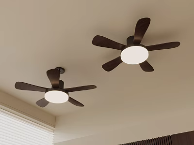 Modern Interior Ceiling With Two Unique Shaped Chandeliers Wooden Blades And White Lampshades 3d model
