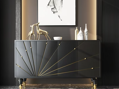 Elegant Black Console Table With Golden Legs Deer Figurines White Vases And Wall Art 3d model