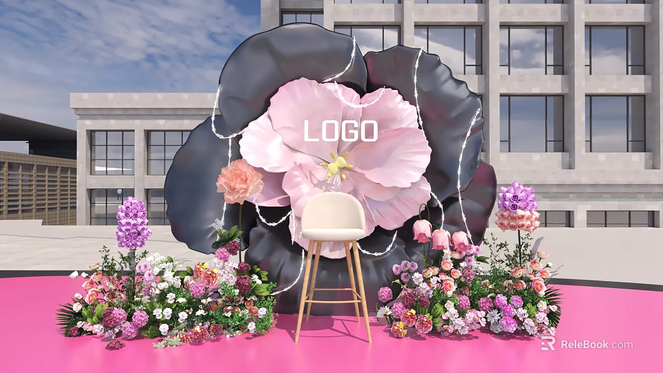 Giant Flower Shaped Photo Check In Spot With Pink Black Petals And White Chair 3d model 