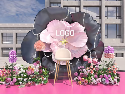 Giant Flower Shaped Photo Check In Spot With Pink Black Petals And White Chair 3d model