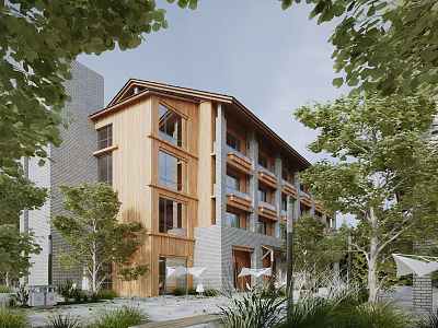 Modern Sales Office Building Exterior With Wooden Structure Glass Windows And Surrounding Trees 3d model