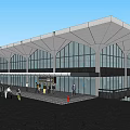 Modern Building Exterior With Glass Facade Canopy Structures And Geometric Tile Plaza
