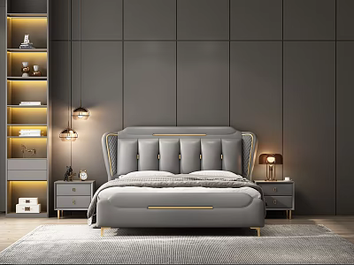 Modern Double Bed Bedroom Design With Grey Headboard Gold Accents Table Lamps And Nightstands 3d model